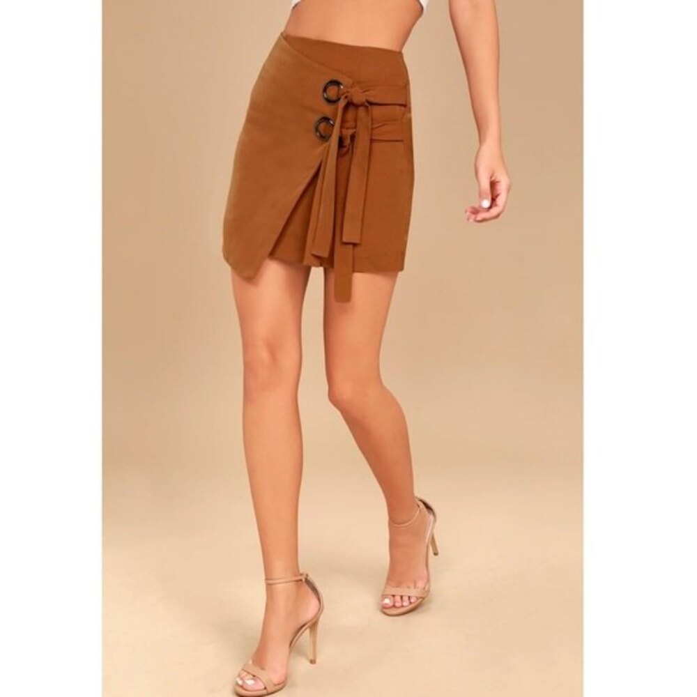 J.O.A. Modern Masterpiece Light Brown Wrap Side Tie Grommet Mini Skirt Lulu’s XS